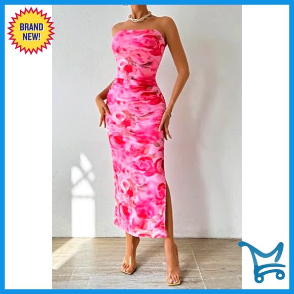 Strapless Maxi Bodycon Dress Floral Mesh Formal Wedding Guest Elegant - Picture 6 of 7